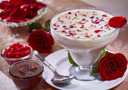 A dessert with rose petals and cream, a delightful combination of floral and creamy flavors