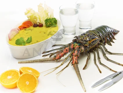 Creamy lobster gravy garnished with onion,tomato & lettuce displayed with full lobster & orange.